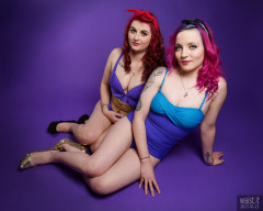 2017-01-21 MissDaniLou and Tasha in tight blue vintage style tummy-control one-piece swimsuits