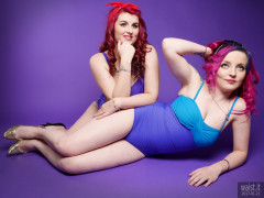 2017-01-21 MissDaniLou and Tasha in tight blue vintage style tummy-control one-piece swimsuits