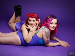 2017-01-21 MissDaniLou and Tasha in tight blue vintage style tummy-control one-piece swimsuits