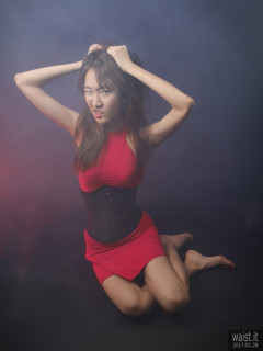 2017-01-28 Salina Pun red cocktail dress and tightly-laced black underbust corset