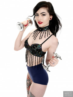 2017-02-18 Alexa Rose in jewelled dance top and blue lycra pante girdle worn as hot-pants
