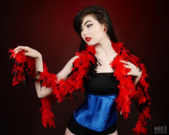 2017-02-18 Alexa Rose tightly-laced blue corset worn over black boob-tube and control briefs