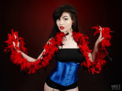 2017-02-18 Alexa Rose tightly-laced blue corset worn over black boob-tube and control briefs