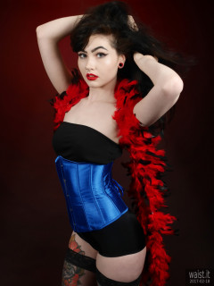 2017-02-18 Alexa Rose tightly-laced blue corset worn over black boob-tube and control briefs
