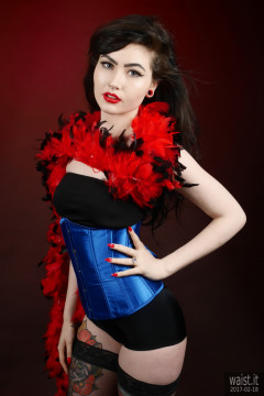 2017-02-18 Alexa Rose tightly-laced blue corset worn over black boob-tube and control briefs