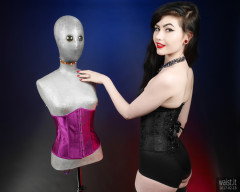 2017-02-18 Alexa Rose in tightlt-laced black Chinese underbust corset, worn over black strapless bra and firm control pantie girdle