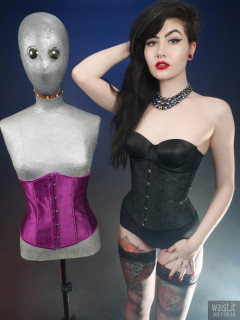 2017-02-18 Alexa Rose in tightlt-laced black Chinese underbust corset, worn over black strapless bra and firm control pantie girdle