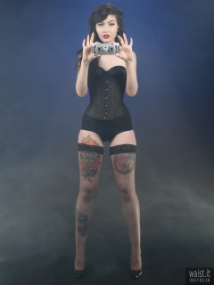 2017-02-18 Alexa Rose in tightlt-laced black Chinese underbust corset, worn over black strapless bra and firm control pantie girdle