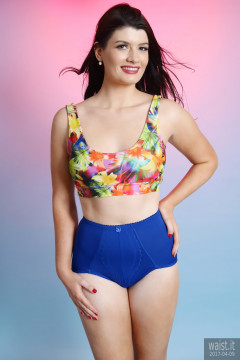 2017-04-09 Imogen multicoloured top and blue control briefs worn as hotpants