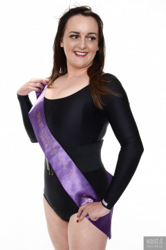 2017-04-22 Patsy black leotard and purple beauty pageant sash