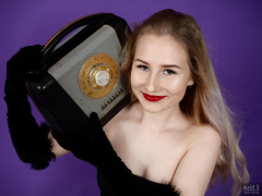 2017-05-19 Laura Sele in black shapewear with vintage Ferguson bakelite radio