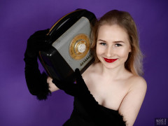 2017-05-19 Laura Sele in black shapewear with vintage Ferguson bakelite radio