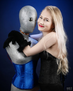 2017-05-19 Laura Sele tightly laced black underbust corset worn over black Miraclesuit bodyshaper