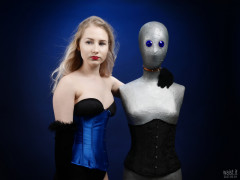2017-05-19 Laura Sele tightly laced blue underbust corset worn over black Miraclesuit bodyshaper