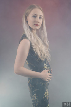 2017-05-19 Laura Sele cheongsam dress sticking her tummy out