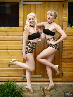 2017-06-10 Dayna Nirvana and Emma Lou gardening in black boob tubes and animal print control briefs worn as hot pants