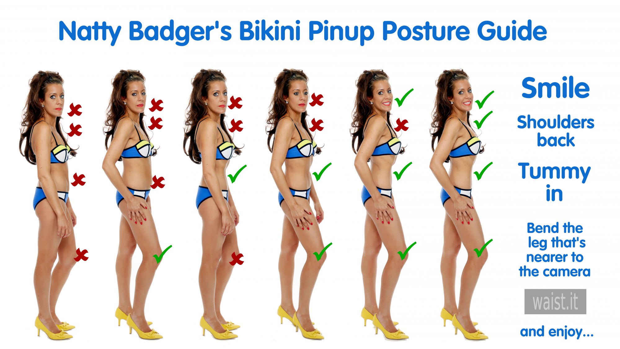 2017-08-19 Natty Badger vintage pinup posture guide - shows right and wrong way to take a side-on shot of a standing pinup model.