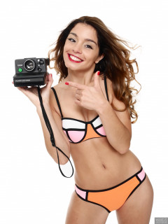 2017-09-03 Kris in multicoloured neoprene bikini with Polaroid Land Camera