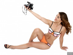 2017-09-03 Kris in multicoloured neoprene bikini with Polaroid Land Camera