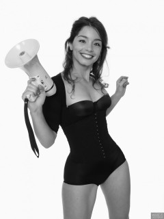 2017-09-03 Kris in black bra, posture top and control briefs worn as hotpants holding megaphone