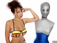 2017-09-23 Stephy in multi-coloured neoprene bikini, with Melissa the android