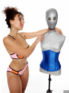 2017-09-23 Stephy in multi-coloured neoprene bikini, with Melissa the android
