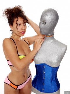 2017-09-23 Stephy in multi-coloured neoprene bikini, with Melissa the android