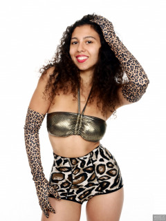 2017-09-23 Stephy in bronze boobtube and animal print pantie girdle worn as hotpants