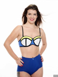 2017-10-15 Chloe Michelle blue mixed colour neoprene bikini top and blue pantie girdle worn as hotpants.
