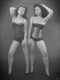 2017-10-22 Isabelle and Stephy tightly laced corset and pantie girdle worn as hotpants