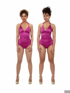2017-10-22 Isabelle and Stephy fitness session in purple one-piece swimsuits