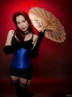 2017-11-05 Maddie Skye in black bra, roll-on girdle and stockings with tightly-laced blue underbust corset