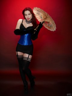 2017-11-05 Maddie Skye in black bra, roll-on girdle and stockings with tightly-laced blue underbust corset