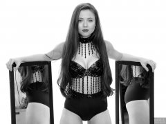 Charlene Joy in jewelled dance top and blue 60's style lycra pantie girdle worn as hotpants