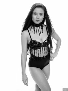 Charlene Joy in jewelled dance top and blue 60's style lycra pantie girdle worn as hotpants