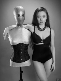 Charlene Joy in black bra and high-waist control briefs
