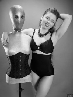 Charlene Joy in black bra and high-waist control briefs