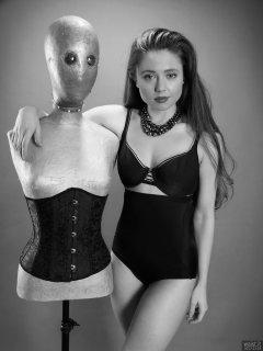 Charlene Joy in black bra and high-waist control briefs