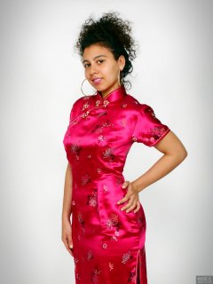 2017-11-26 Stephy Samer - in long pink cheongsam dress - shaped by underneath by high-waist, firm-control pantie girdle