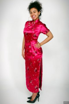 2017-11-26 Stephy Samer - in long pink cheongsam dress - shaped by underneath by high-waist, firm-control pantie girdle