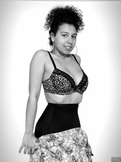 2017-11-26 Stephy Samer - putting on dress whilst showing off her fabulous figure in black animal-print bra and black, high-waist, firm-control, pantie girdle worn as hotpants