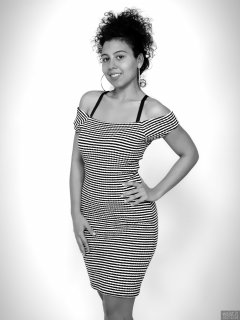 2017-11-26 Stephy Samer - in black and white horizontal-stripe lycra bodycon dress - shaped by underneath by high-waist, firm-control pantie girdle