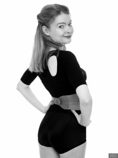 2018-02-03 Amy in black bra and black high-waist control briefs worn as hotpants, with black posture top