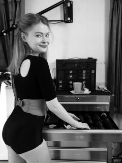 2018-02-03 Amy in black bra and black high-waist control briefs worn as hotpants, with black posture top