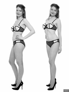 2018-02-03 Amy posture demonstration, in blue neoprene bikini