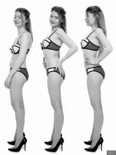 2018-02-03 Amy posture demonstration, in blue neoprene bikini