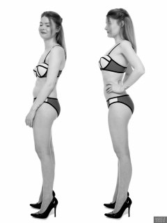 2018-02-03 Amy posture demonstration, in blue neoprene bikini