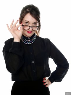 2018-02-18 Madame Cerise in black blouse and tight black pencil skirt