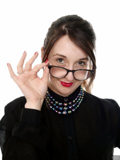 2018-02-18 Madame Cerise in black blouse and tight black pencil skirt