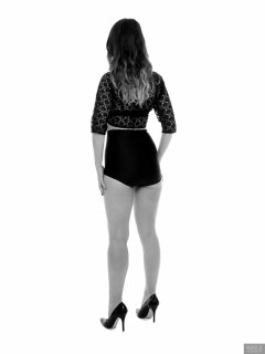 2018-02-18 Madame Cerise in black bra and lace top, and black style 210 pantie girdle worn as hotpants